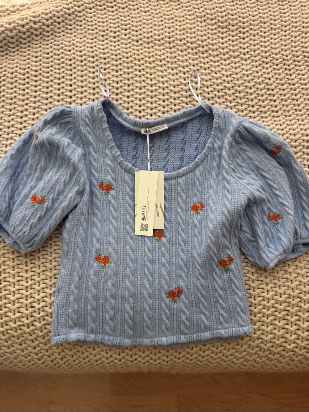 Zara Light Blue Floral Embroidered Cable-Knit Puff Sleeve Top